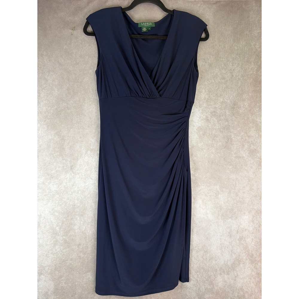 Lauren‎ Ralph Lauren Sheath Dress Women 6 Navy Blue Ruched V-Neck Sleeveless